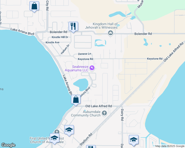 map of restaurants, bars, coffee shops, grocery stores, and more near 420 Century Boulevard in Auburndale