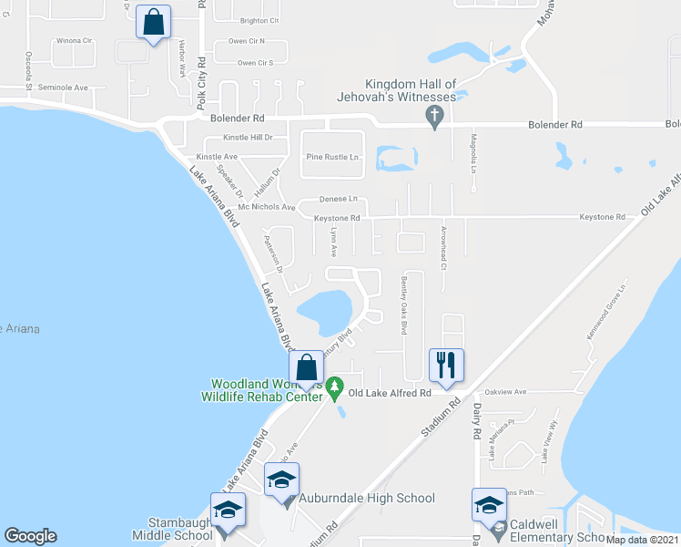 map of restaurants, bars, coffee shops, grocery stores, and more near 125 Rebecca Lane in Auburndale