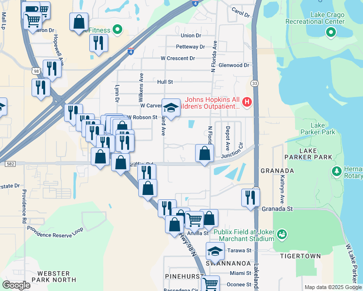 map of restaurants, bars, coffee shops, grocery stores, and more near 407 Griffin Road in Lakeland