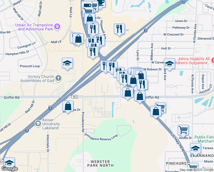 map of restaurants, bars, coffee shops, grocery stores, and more near 1015 Griffin Road in Lakeland