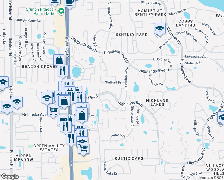 map of restaurants, bars, coffee shops, grocery stores, and more near 1616 Heather Place in Palm Harbor