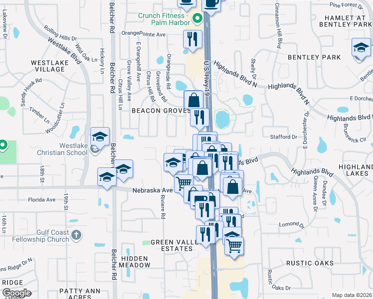 map of restaurants, bars, coffee shops, grocery stores, and more near 1344 Homestead Drive in Palm Harbor