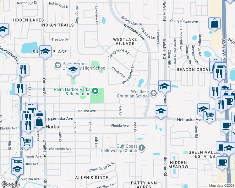 map of restaurants, bars, coffee shops, grocery stores, and more near 1448 18th Street in Palm Harbor