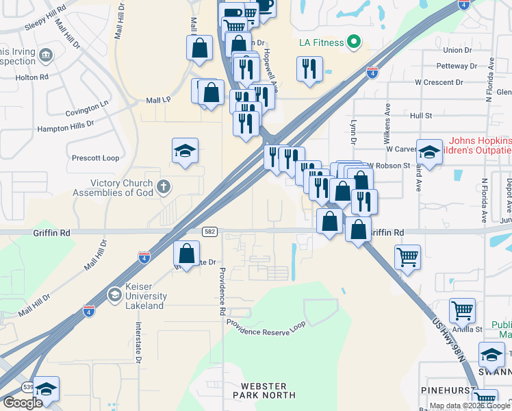map of restaurants, bars, coffee shops, grocery stores, and more near 3115 Justine Avenue in Lakeland