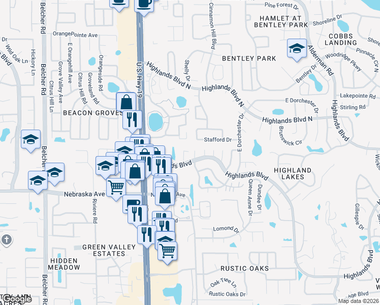 map of restaurants, bars, coffee shops, grocery stores, and more near 1603 Highlands Boulevard in Palm Harbor