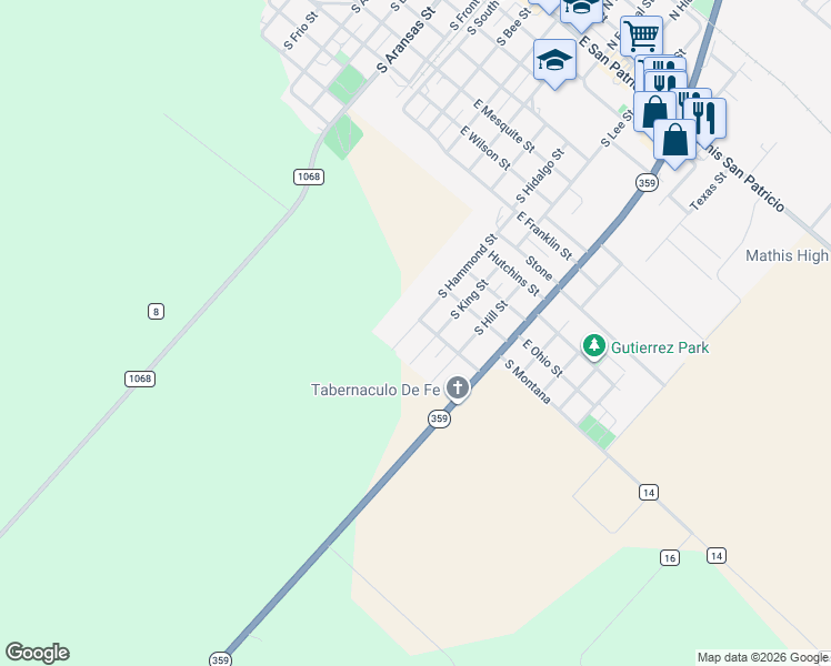 map of restaurants, bars, coffee shops, grocery stores, and more near 1214 South King Street in Mathis