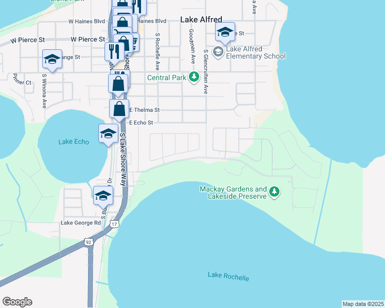 map of restaurants, bars, coffee shops, grocery stores, and more near 321 James Circle in Lake Alfred