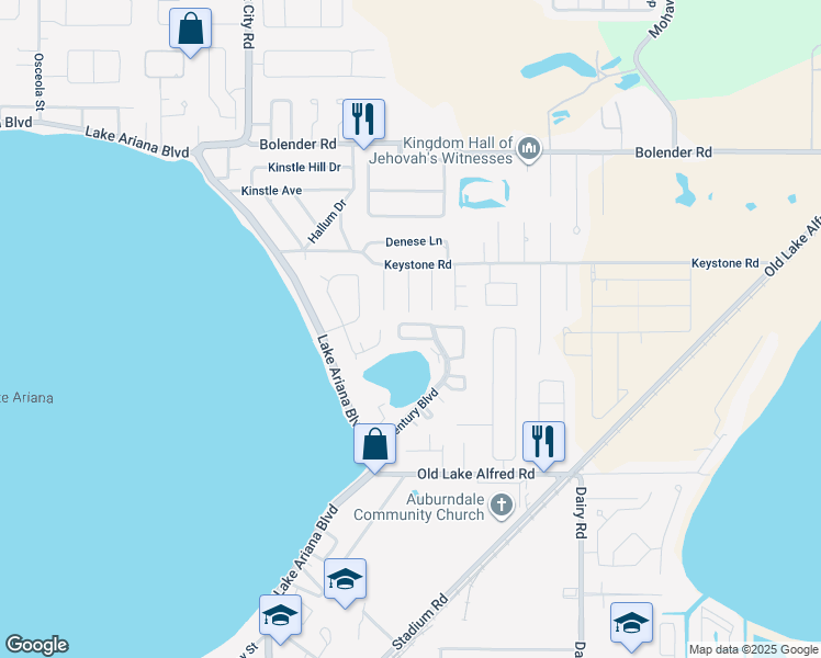 map of restaurants, bars, coffee shops, grocery stores, and more near 126 Rebecca Lane in Auburndale
