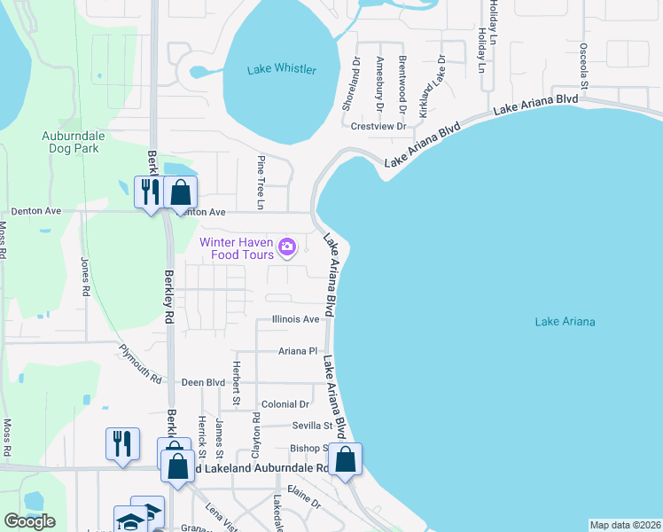 map of restaurants, bars, coffee shops, grocery stores, and more near 2124 Ariana Boulevard in Auburndale