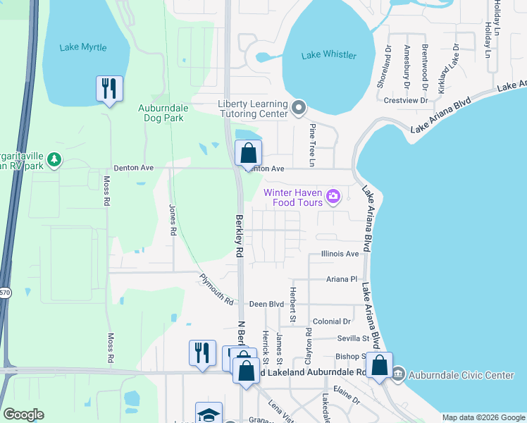 map of restaurants, bars, coffee shops, grocery stores, and more near 549 Bluff Drive in Auburndale