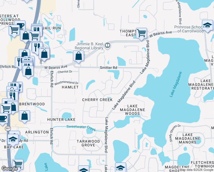 map of restaurants, bars, coffee shops, grocery stores, and more near 14040 Cascade Lane in Tampa