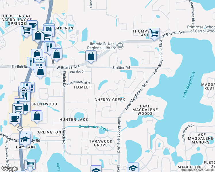 map of restaurants, bars, coffee shops, grocery stores, and more near 13930 Cherry Creek Drive in Tampa
