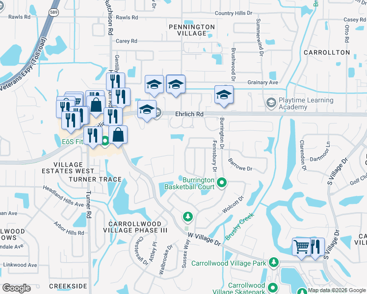 map of restaurants, bars, coffee shops, grocery stores, and more near 14143 Fennsbury Drive in Tampa