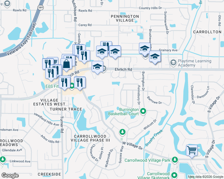 map of restaurants, bars, coffee shops, grocery stores, and more near 14134 Riverstone Drive in Tampa