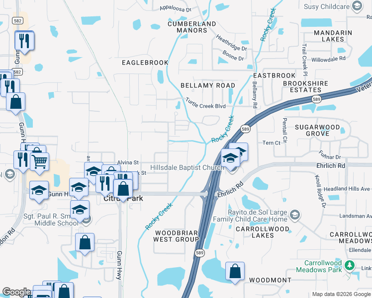 map of restaurants, bars, coffee shops, grocery stores, and more near 14620 Rocky Brook Drive in Citrus Park