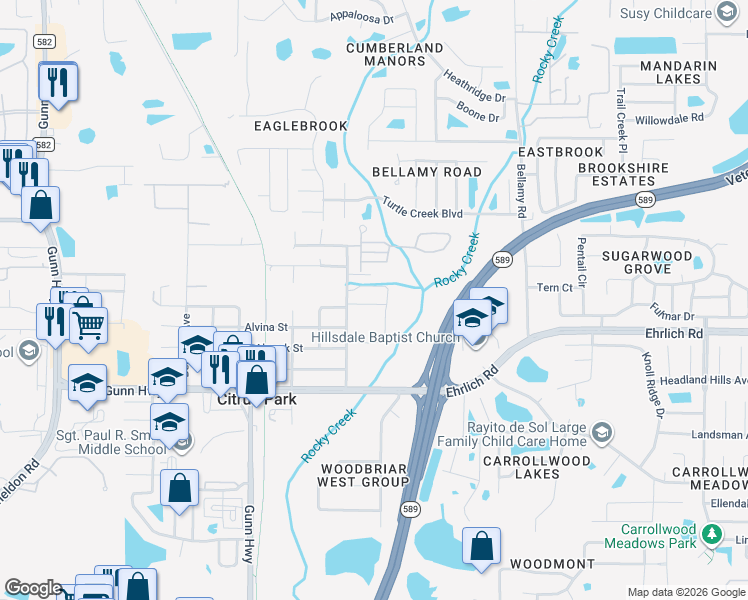 map of restaurants, bars, coffee shops, grocery stores, and more near 14620 Rocky Brook Drive in Citrus Park