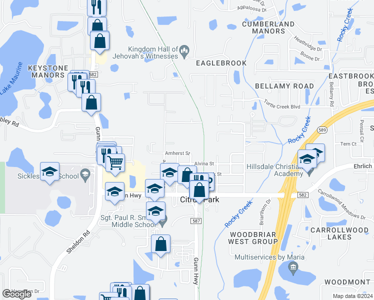 map of restaurants, bars, coffee shops, grocery stores, and more near 14705 Bayberry Avenue in Tampa