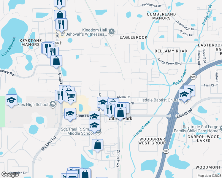 map of restaurants, bars, coffee shops, grocery stores, and more near 14705 Bayberry Avenue in Tampa
