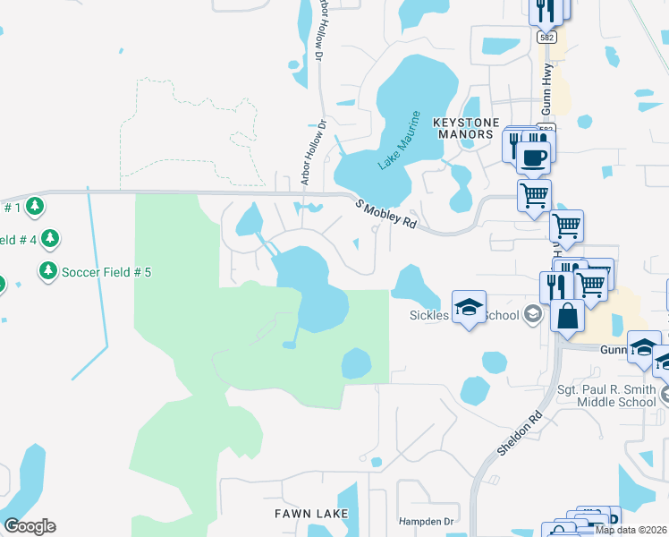 map of restaurants, bars, coffee shops, grocery stores, and more near 9130 Tillinghast Drive in Tampa