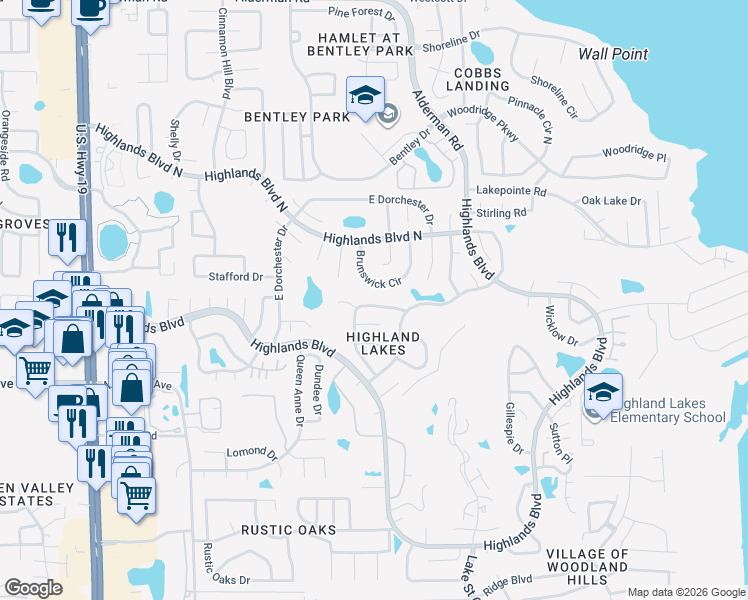 map of restaurants, bars, coffee shops, grocery stores, and more near 1635 Glengarry Drive in Palm Harbor