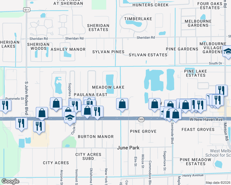 map of restaurants, bars, coffee shops, grocery stores, and more near 1752 Vista Lake Circle in Melbourne