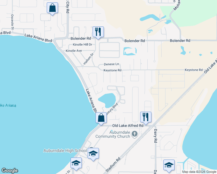 map of restaurants, bars, coffee shops, grocery stores, and more near 125 Rebecca Lane in Auburndale