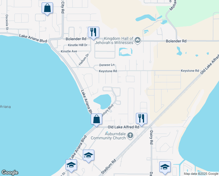 map of restaurants, bars, coffee shops, grocery stores, and more near 196 Rebecca Lane in Auburndale