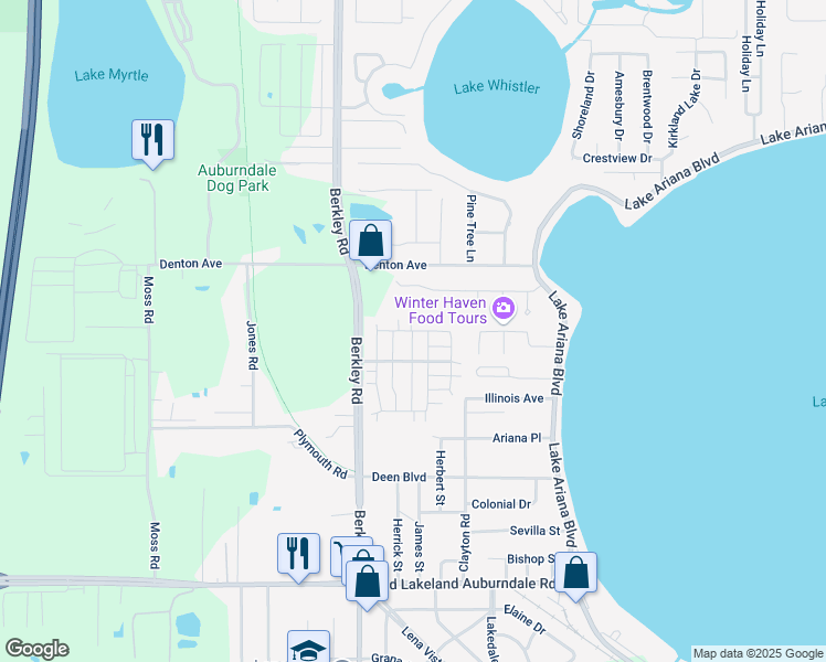 map of restaurants, bars, coffee shops, grocery stores, and more near 549 Bluff Drive in Auburndale
