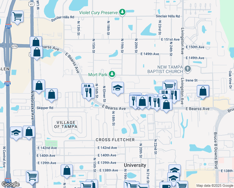 map of restaurants, bars, coffee shops, grocery stores, and more near 1806 East Bearss Avenue in Tampa