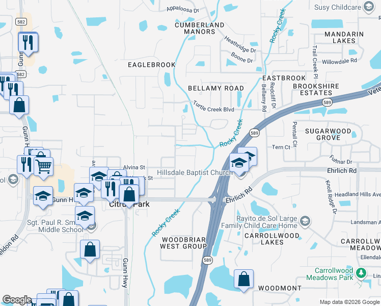 map of restaurants, bars, coffee shops, grocery stores, and more near 7105 Park Tree Drive in Tampa