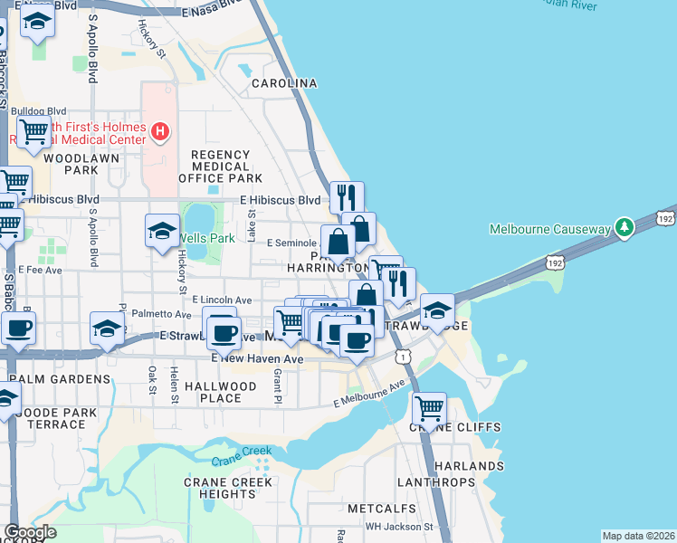 map of restaurants, bars, coffee shops, grocery stores, and more near 938 Lincoln Avenue in Melbourne