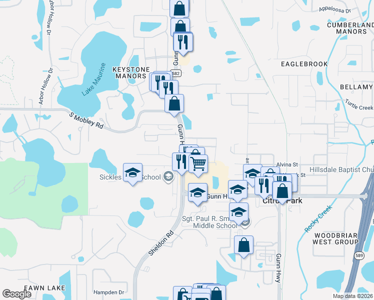 map of restaurants, bars, coffee shops, grocery stores, and more near 7810 Broadstone Loop in Tampa
