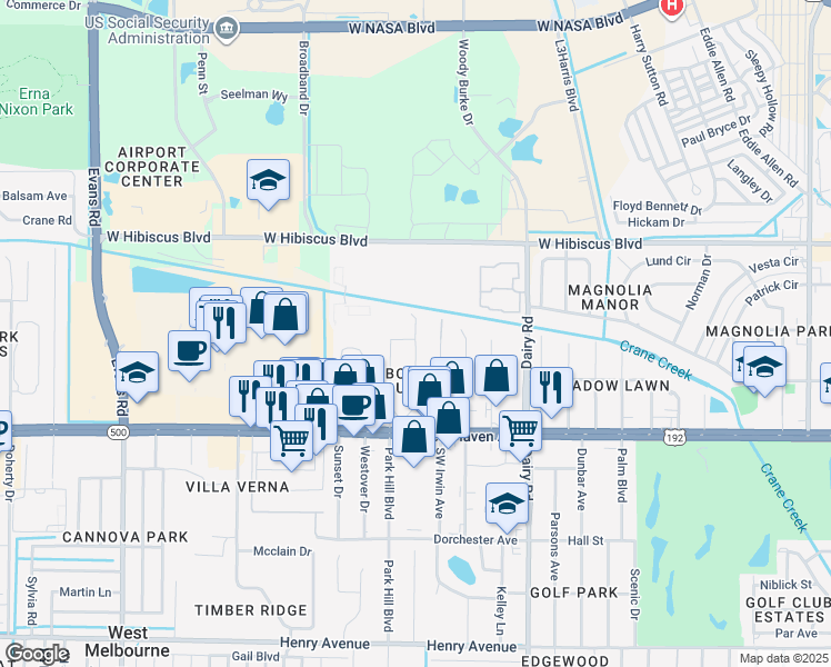 map of restaurants, bars, coffee shops, grocery stores, and more near Lady Bug Court in West Melbourne