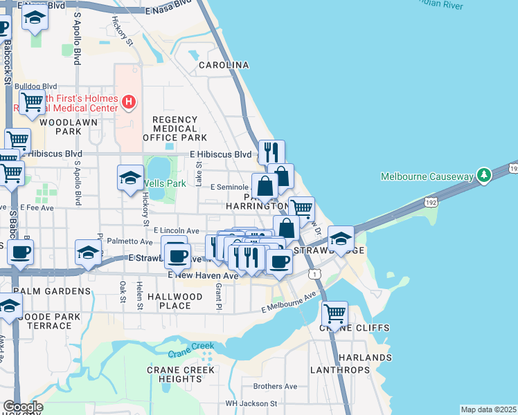 map of restaurants, bars, coffee shops, grocery stores, and more near 815 East Fee Avenue in Melbourne