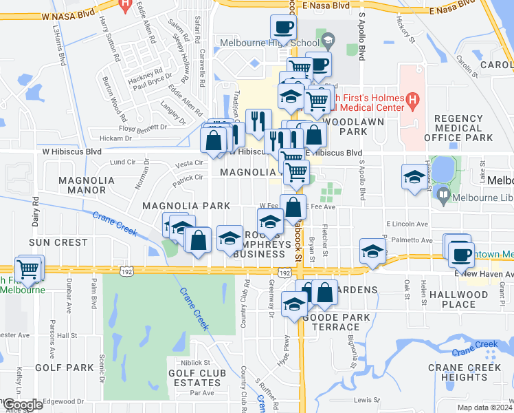 map of restaurants, bars, coffee shops, grocery stores, and more near 1717 Elizabeth Street in Melbourne