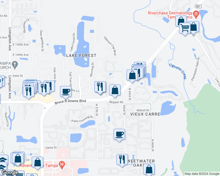 map of restaurants, bars, coffee shops, grocery stores, and more near 4031 Tumbleweed Drive in Tampa