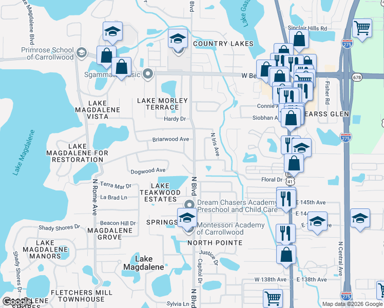 map of restaurants, bars, coffee shops, grocery stores, and more near 804 Leisure Avenue in Tampa