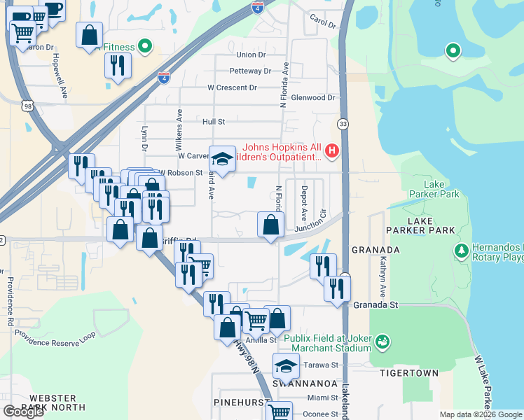 map of restaurants, bars, coffee shops, grocery stores, and more near 202 Denice Drive in Lakeland