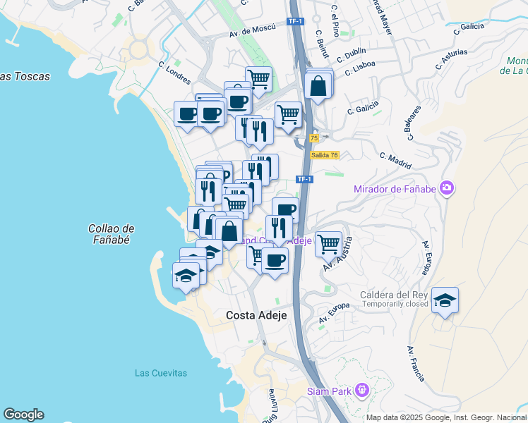 map of restaurants, bars, coffee shops, grocery stores, and more near Calle Antonio Navarro in Costa Adeje