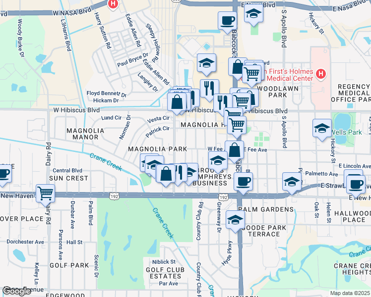 map of restaurants, bars, coffee shops, grocery stores, and more near 1699 Glendon Drive in Melbourne
