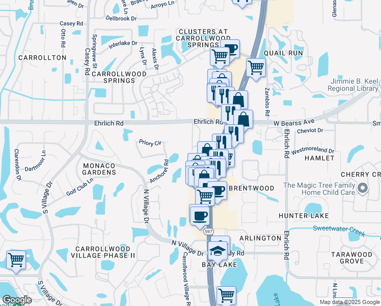 map of restaurants, bars, coffee shops, grocery stores, and more near 14810 Par Club Circle in Tampa