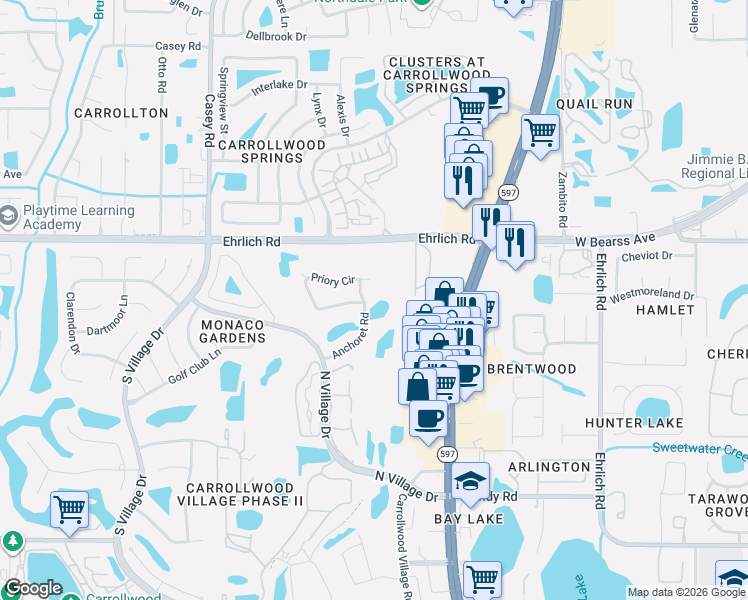 map of restaurants, bars, coffee shops, grocery stores, and more near 3900-3998 Kinnery Run in Tampa