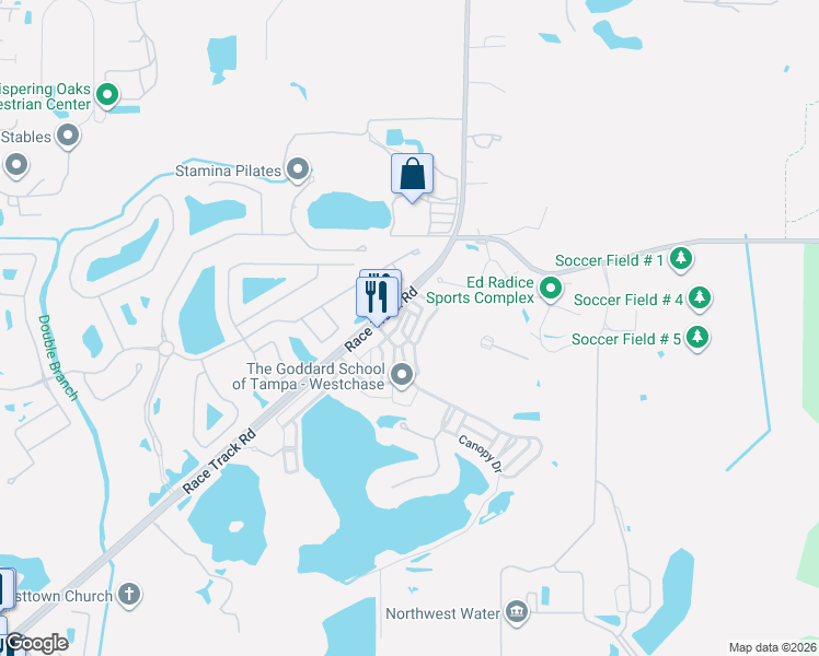 map of restaurants, bars, coffee shops, grocery stores, and more near 11505 Fountainhead Drive in Tampa
