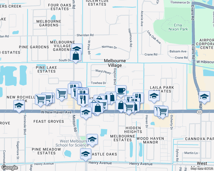 map of restaurants, bars, coffee shops, grocery stores, and more near 353 Dayton Boulevard in Melbourne