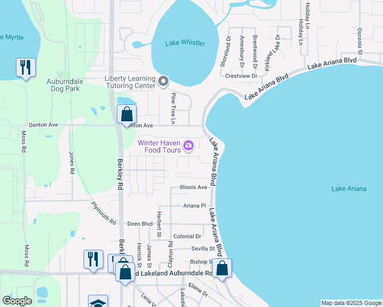 map of restaurants, bars, coffee shops, grocery stores, and more near 146 Amber Boulevard in Auburndale
