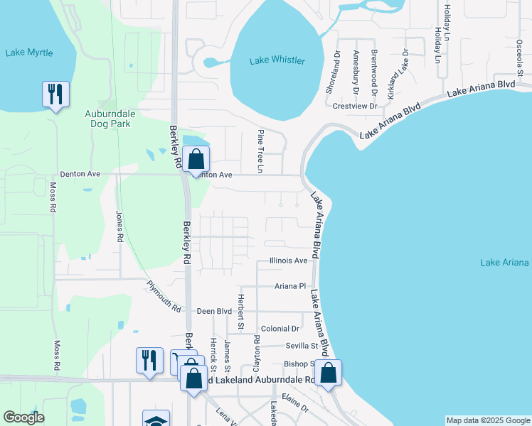 map of restaurants, bars, coffee shops, grocery stores, and more near 176 Amber Boulevard in Auburndale