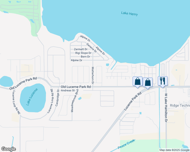 map of restaurants, bars, coffee shops, grocery stores, and more near 5874 Windridge Drive in Winter Haven