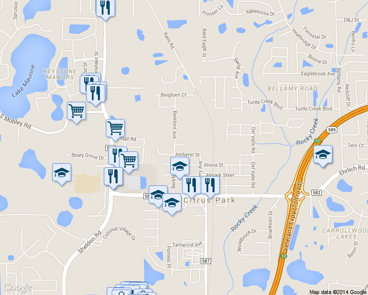 map of restaurants, bars, coffee shops, grocery stores, and more near 7700 Amherst Street in Tampa