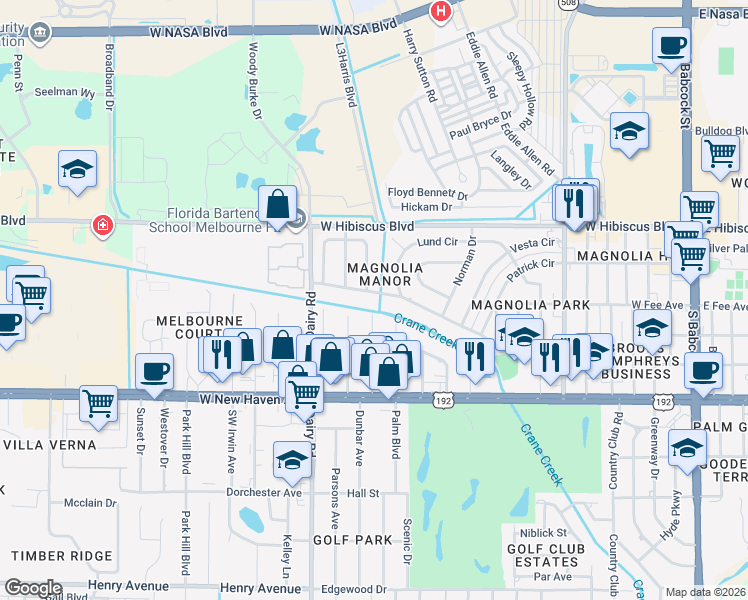 map of restaurants, bars, coffee shops, grocery stores, and more near 805 Glenmore Circle in Melbourne