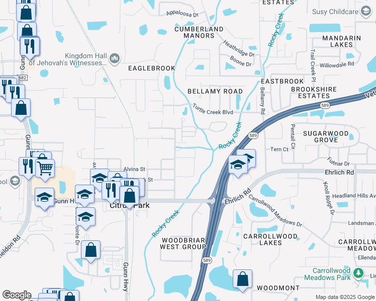 map of restaurants, bars, coffee shops, grocery stores, and more near 14807 Del Valle Road in Tampa